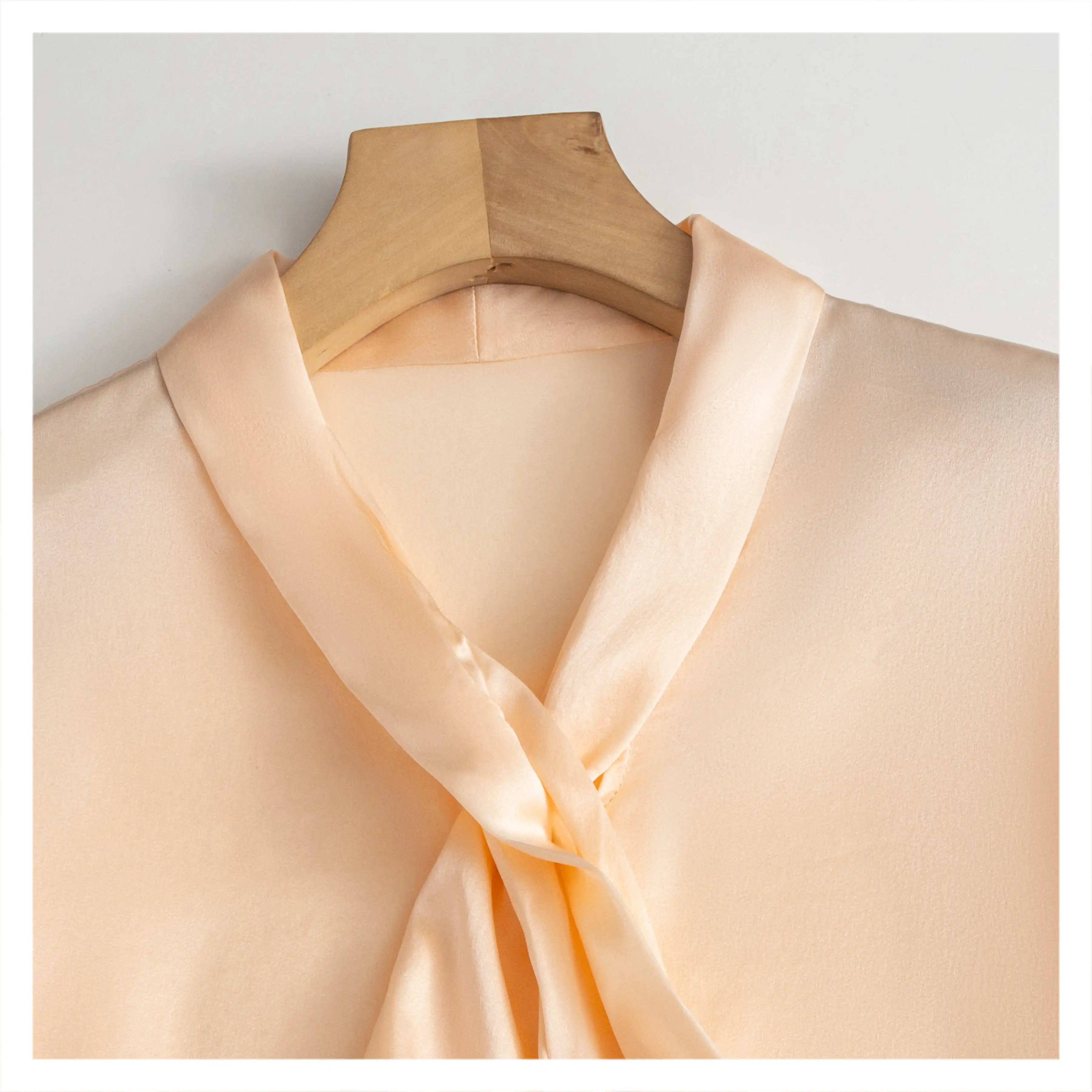 Women's Fashion 93% Natural Mulberry Silk Elastic Plain Satin Light Orange Solid Color Long Sleeve Float Versatile OL Style Top