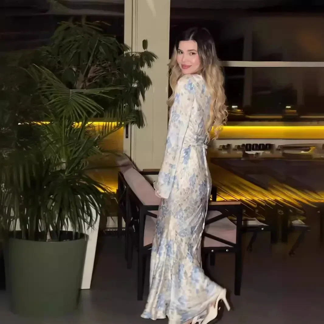 Robe de soirée en satin imprimé floral vintage pour femmes, manches longues, col en V, taille amincissante, mode