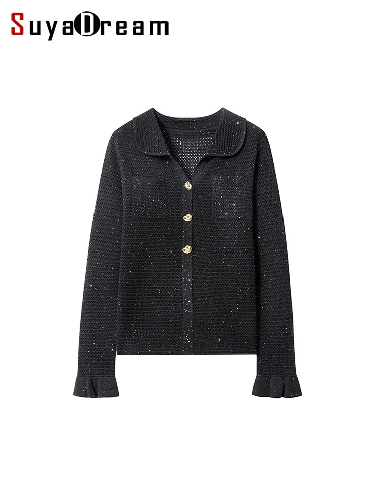 SuyaDream, Women Black Cardigans, 32.4%Wool, Turn Down Collar, Hellow Out Chic Sweaters, 2024 Fall Winter Jackets