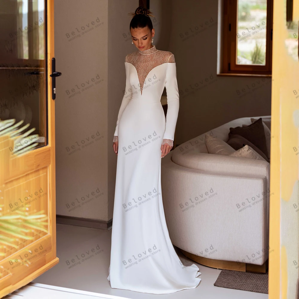 Modern Wedding Dresses Satin Sheath Mermaid Full Sleeves Bridal Gowns Graceful Robes Lace Appliques Glamorous Vestidos De Novia