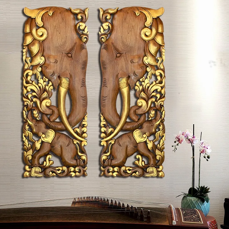 Teak wood carving board TV background wall elephant carving board Thai clubhouse restaurant egg flower porch wall