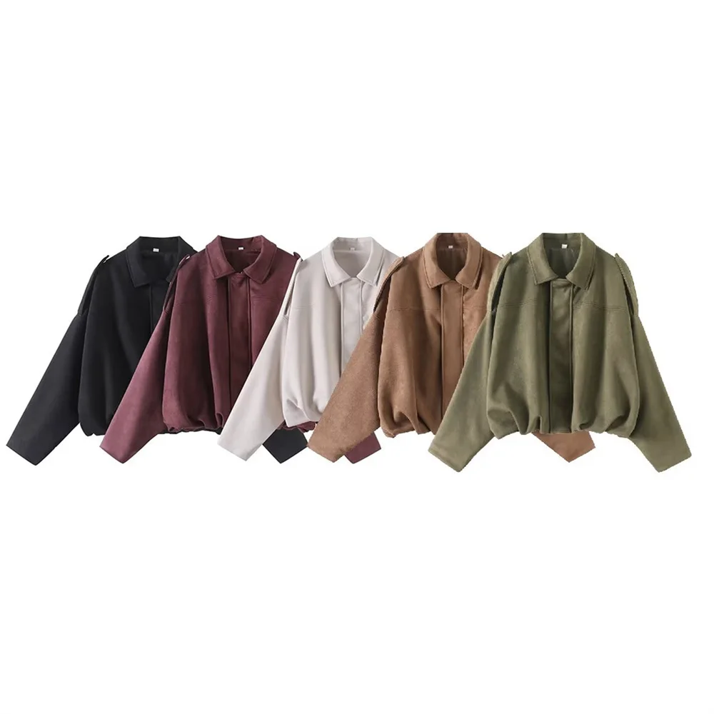

BMURHMZA women's loose suede texture effect pilot jacket fashionable new style lapel long sleeved casual solid color jacket