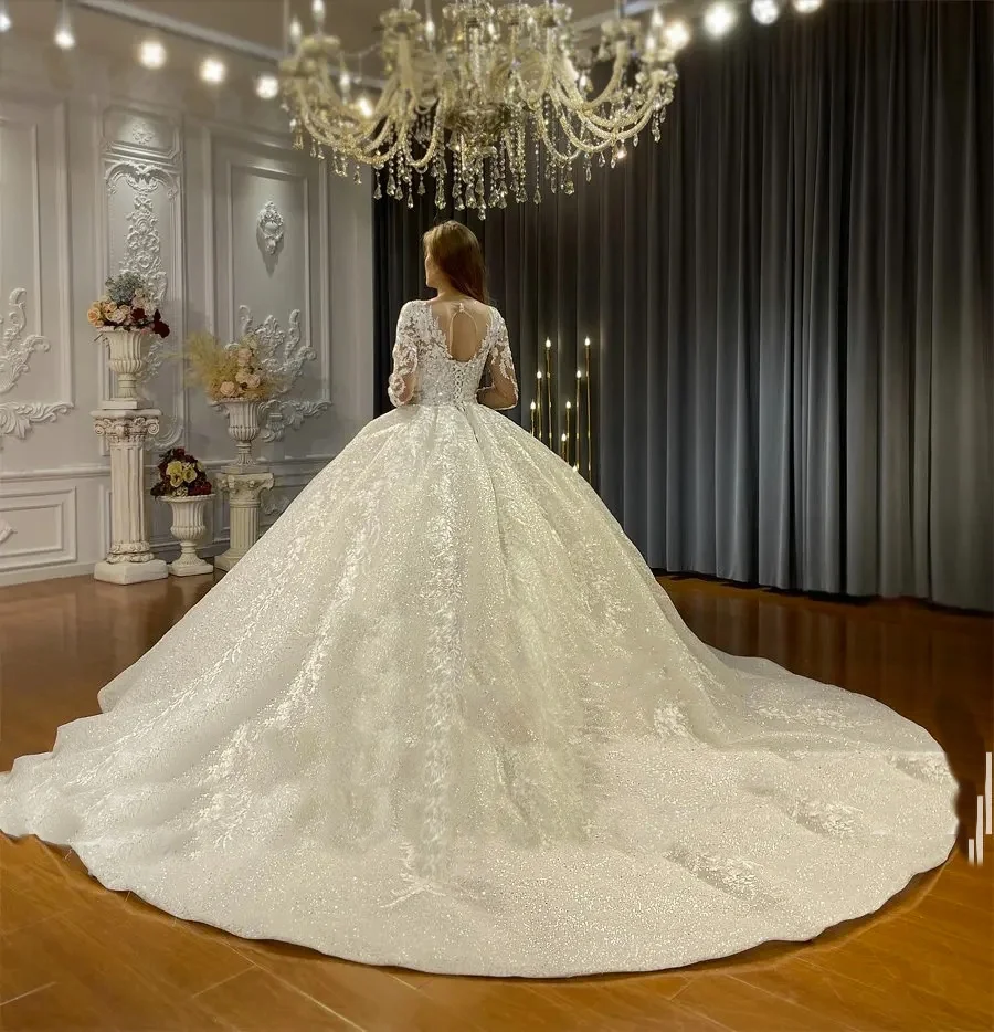 Customized Ball Gowns Wedding Applique Lace Bridal Dress Shiny Sweep Train Long Sleeves Vestido de novia