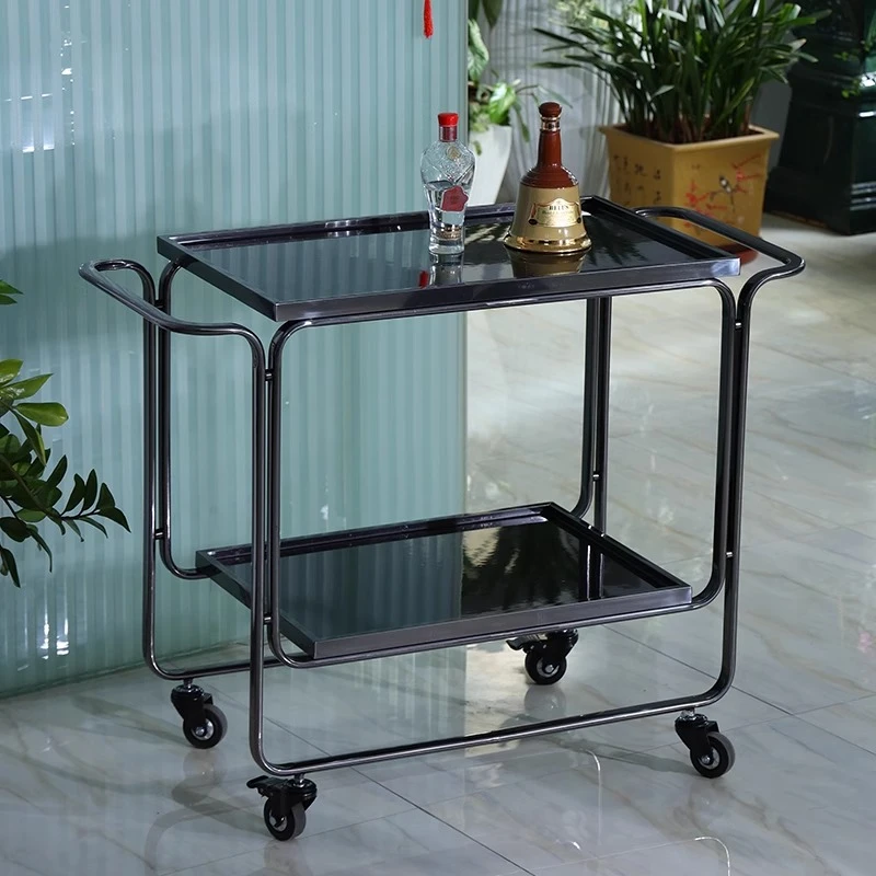 

Двухуровневая большая мобильная сервировочная тележка из нержавеющей стали в европейском стиле, тележка для вина премиум-класса для отеля, коммерческая мебель
