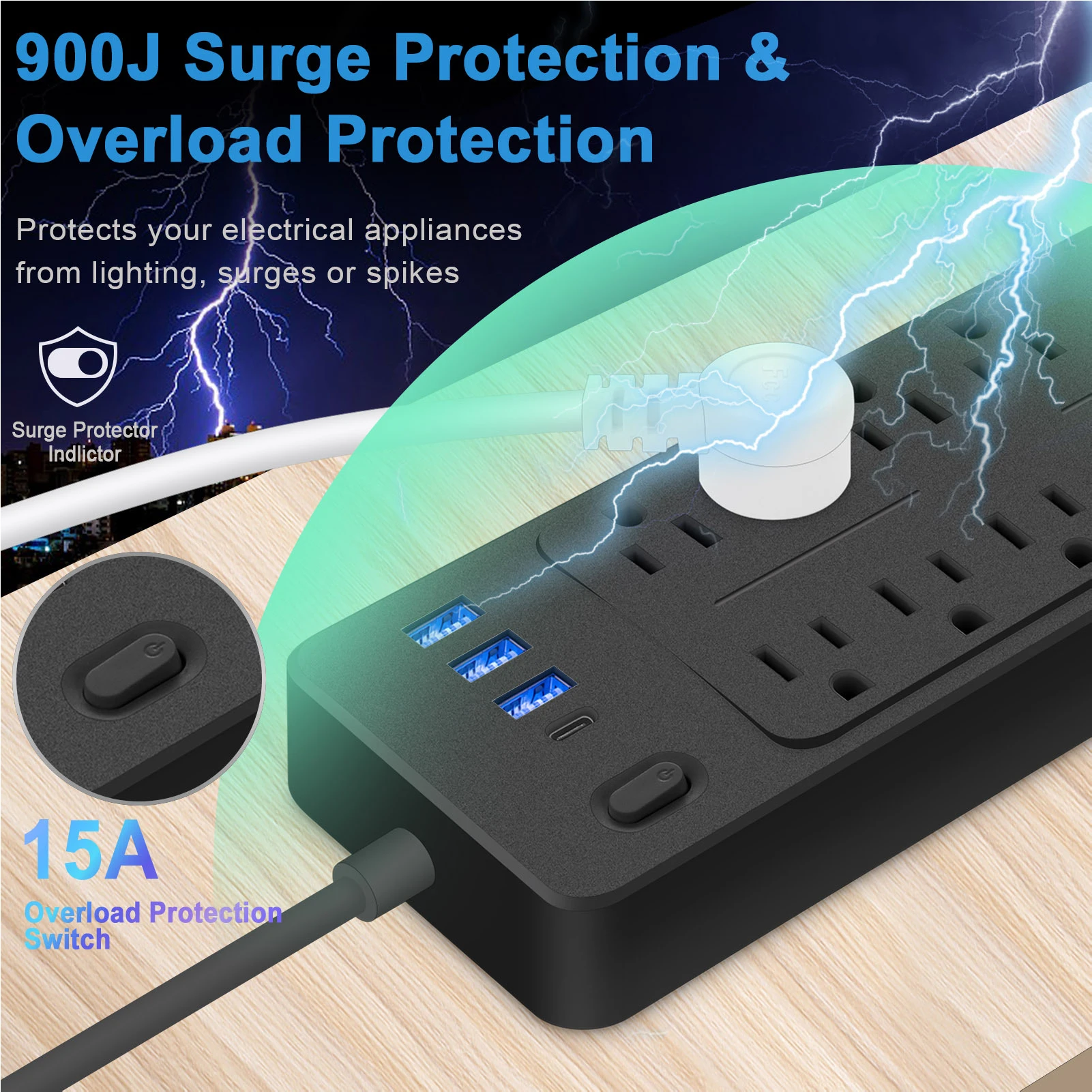 14-in-1  Protector Power Strip with USB Ports 3.9 ft Cord Multifunctional   Automatic Shutoff Powerstrip with 10 AC Outlets 3
