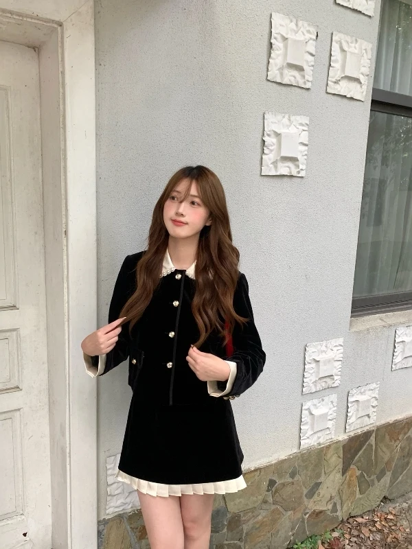 الربيع والخريف النمط الفرنسي سيدة الأسود مطرز التطريز دمية طوق المخملية سترة عالية الخصر ضئيلة تنورة قصيرة قطعتين مجموعة #6