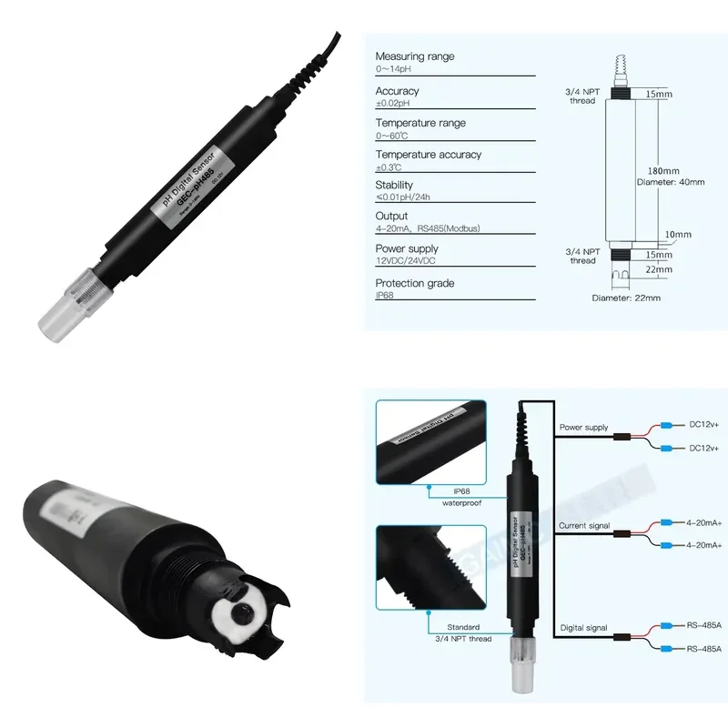 for GAIMC GEC-pH485 RS485 Digital pH Sensor Probe Industrial 4-20mA Output Water Quality Analysis