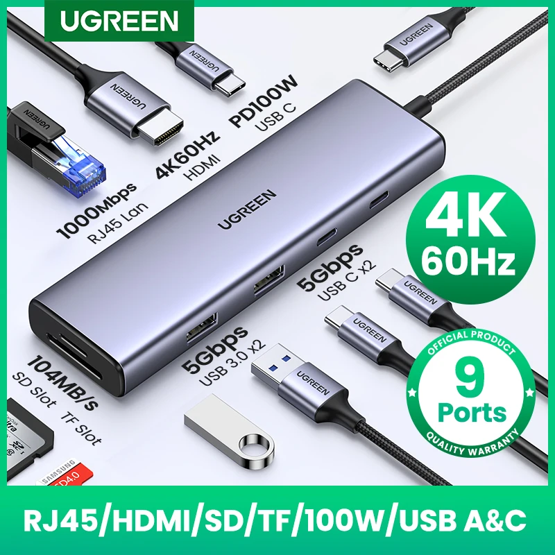 

UGREEN USB C HUB 4K60Hz HDMI 9-in-1 PD100W USB3.0 5Gbps SD TF RJ45 for Laptop Macbook Air Pro Windows Docking Station Splitter