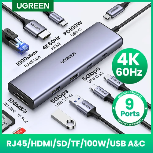 UGREEN USB C HUB 4K60Hz HDMI 9 en 1 PD100W USB3.0 5Gbps SD TF RJ45 para ordenador portátil Macbook Air Pro Windows estación de acoplamiento divisor