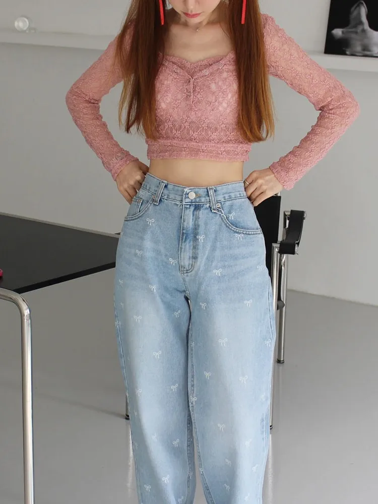 High Waist Spring Edition Women's Jeans Small Polka Dot Loose Design Versatile Long Pants Casual Trendy Wide Leg Jeans
