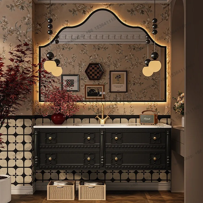 French retro carved oak bathroom cabinet combination toilet washbasin cabinet smart mirror cabinet combination