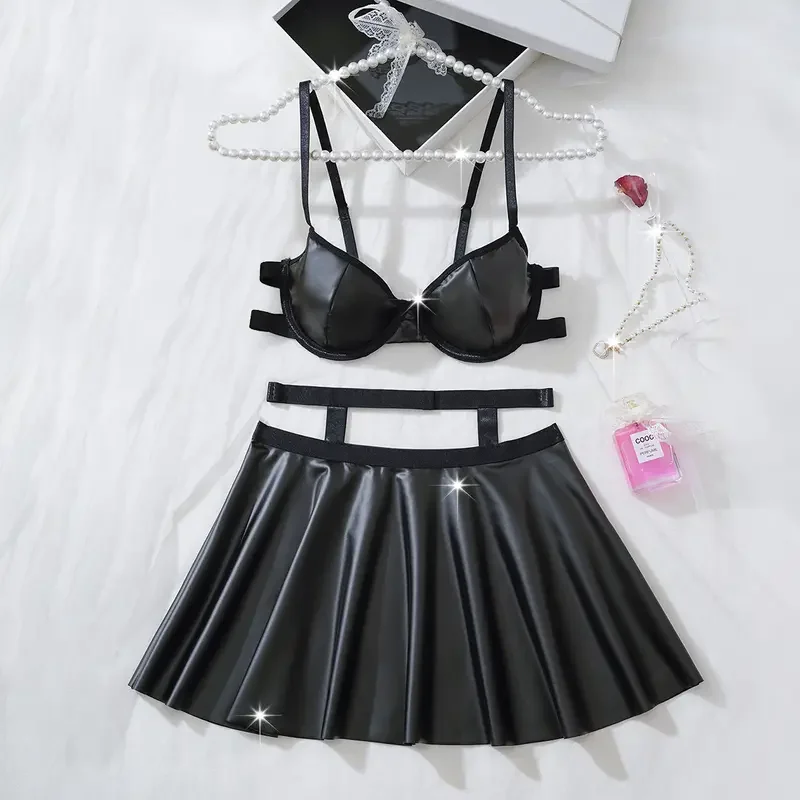 جديد أزياء المرأة مثير حمالات الصدر والتنانير مجموعة جلدية قابل للتعديل حزام الكتف الملابس الداخلية تنفس المثيرة الملابس الداخلية كشكش تنورة