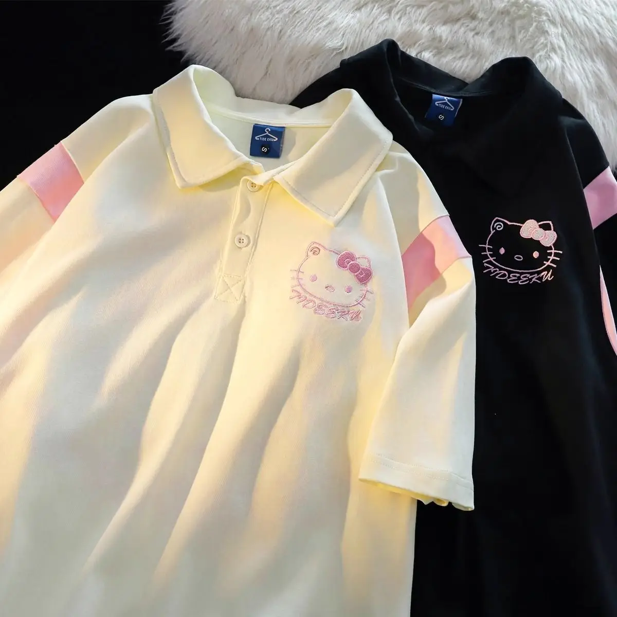 Sanrio Hello Kitty Cute Short Sleeve Polo Shirts Y2k Tees Cartoon Korean College Style Loose T-shirts Women Summer Fashion Tops