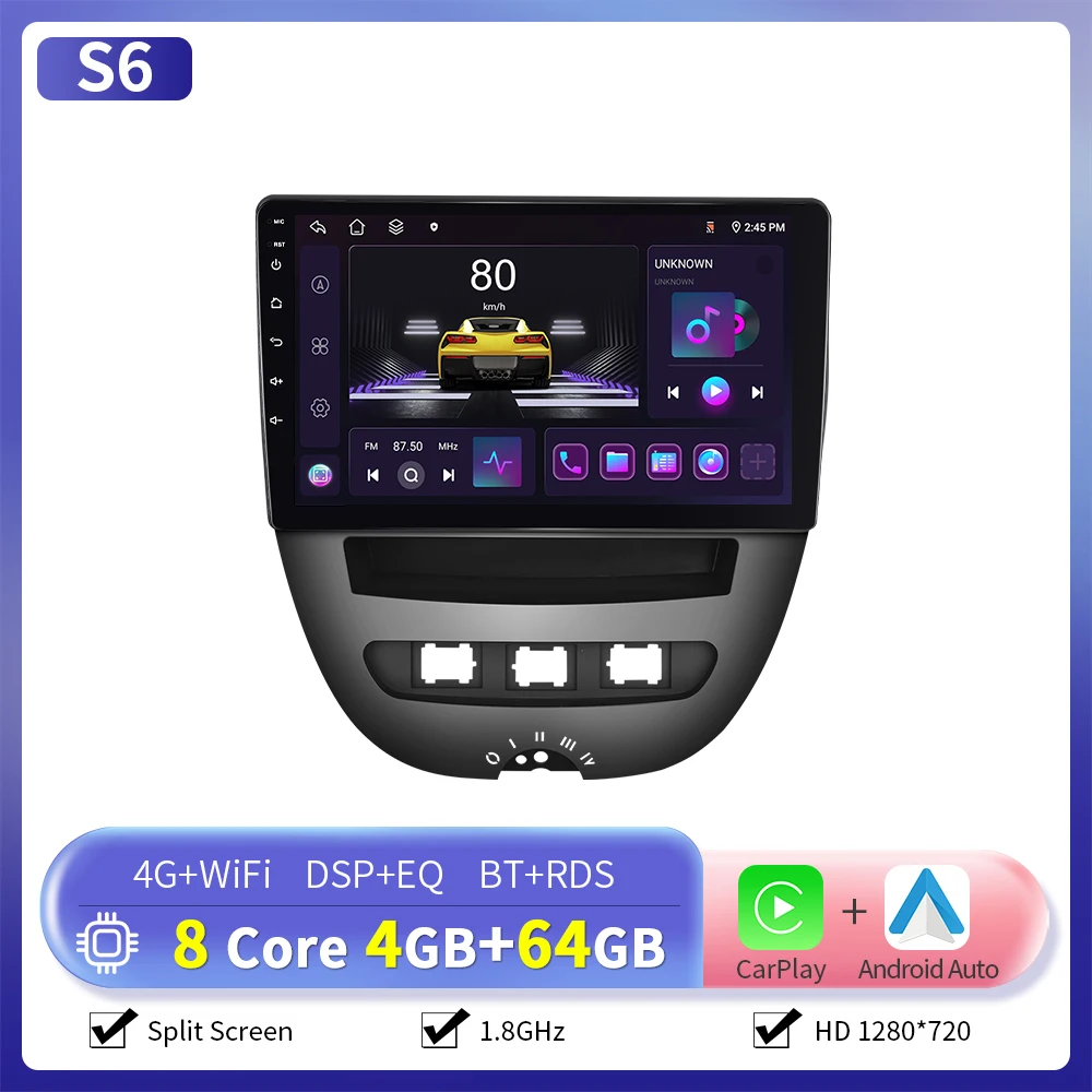 Camecho 6 + 128G CarPlay Android Auto Radio voor Toyota Aygo 2004-2014/PEUGEOT 107/Citroën C1 Multimedia Speler GPS Stereo WIFI