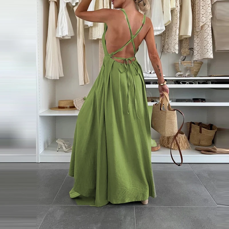 Modna Sukienka Maxi z Wysokim Stanem, Dekoltem w Serek, Plisami, Długa, Elegancka Sukienka Damska Bez Pleców z Wycięciami na Imprezę 2025, Seksowna, Miękka, Jednolita Sukienka Plażowa Maxi