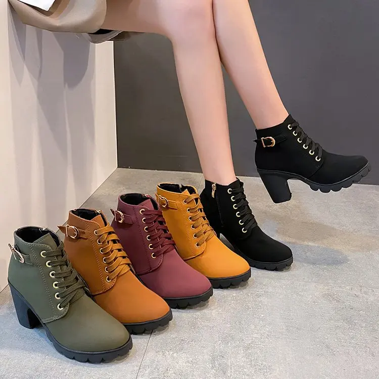 Women Autumn Winter Ankle Boots Classic British Style Leather Lace-up Fashion Short Boots Green Round Toe Botas Mujer