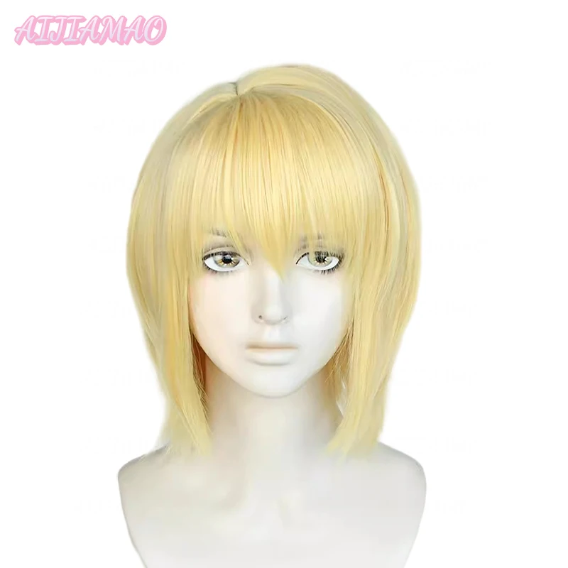 Kurapika Kurta Cosplay Perruque avec Bonnet de Perruque Gratuit, Anime Kurapika Golden Bagues Boucles d'Oreilles Prop Heat Degré Perruques de ix