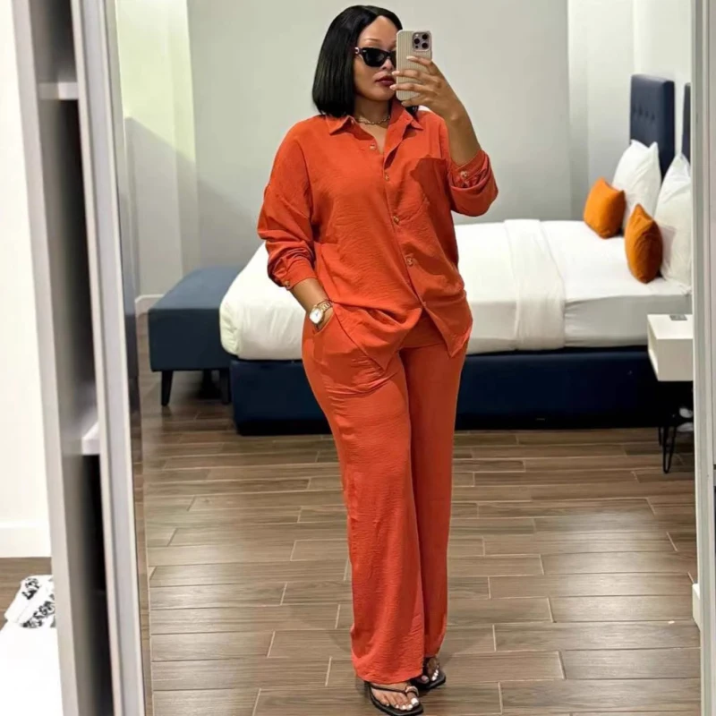 New African Fashion Elegant Women Pants Set Solid Orange Color Full Sleeve Loose Top And Wide Leg Pants Set