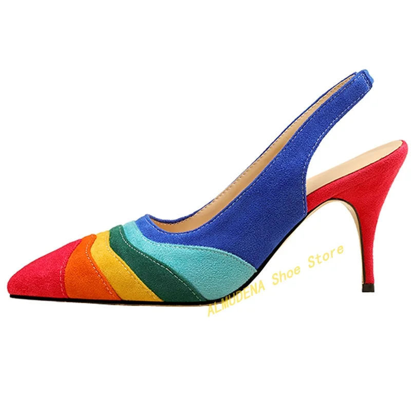 

Rainbow Suede Slingback Pumps Sexy Pointed Toe Slip On Red Green Back Strap Runway 2024 Spirng Autumn Women Dress Shoes