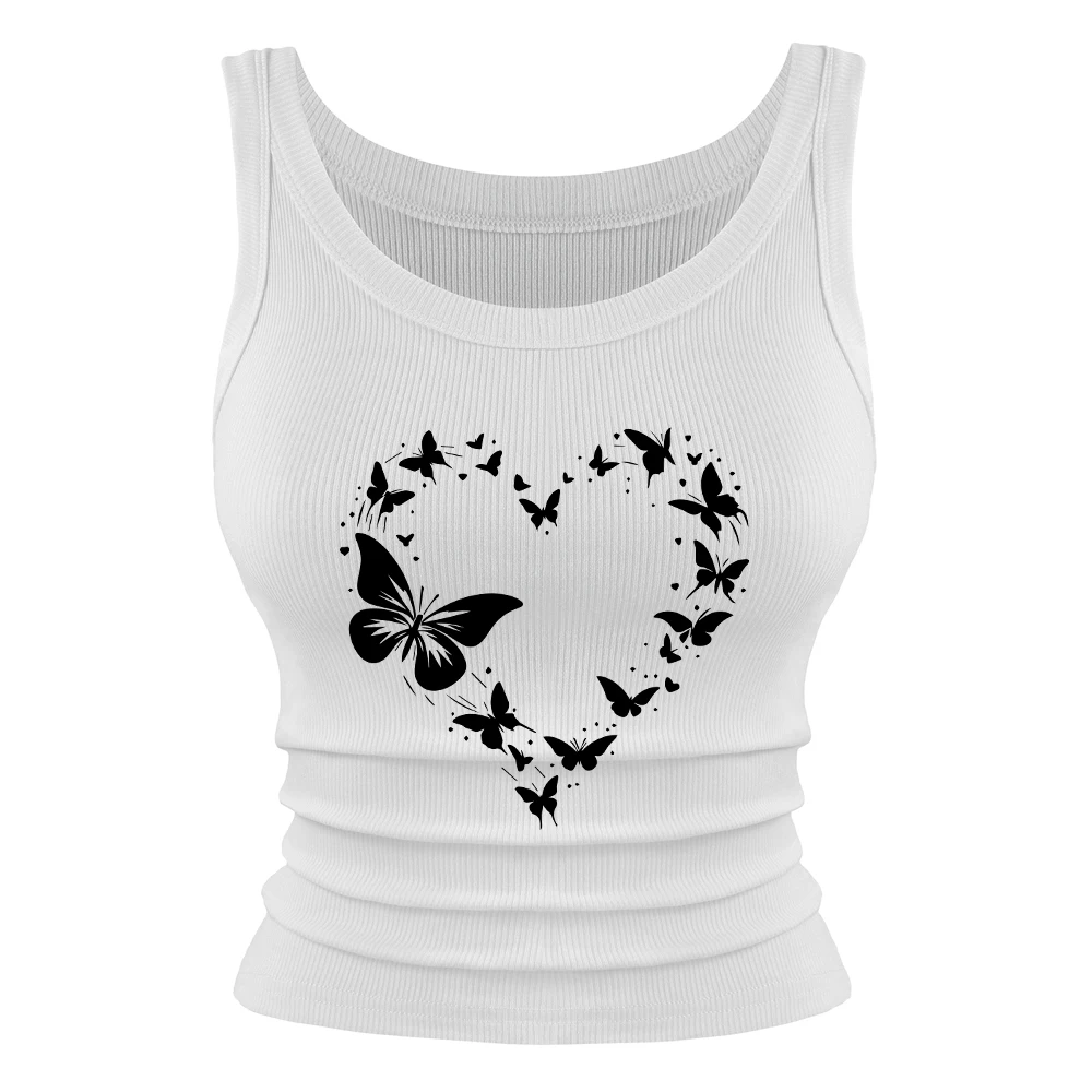 Weiche Tank-Shirts für Damen mit Schmetterlings-Herz-Grafikdruck, lässiges, elastisches Unterhemd mit O-Ausschnitt, Basic-Tanktops aus Baumwolle mit schmaler Passform