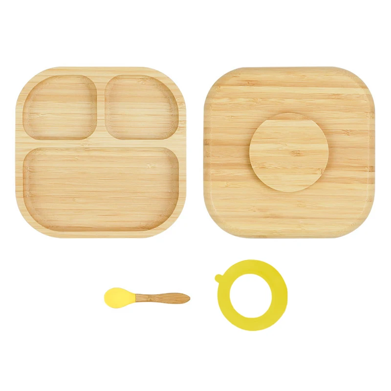 Baby Bambus Saugnapf Gabel & Löffel Set Rutschfestes Besteck Kinderfütterungstablett BPA-frei