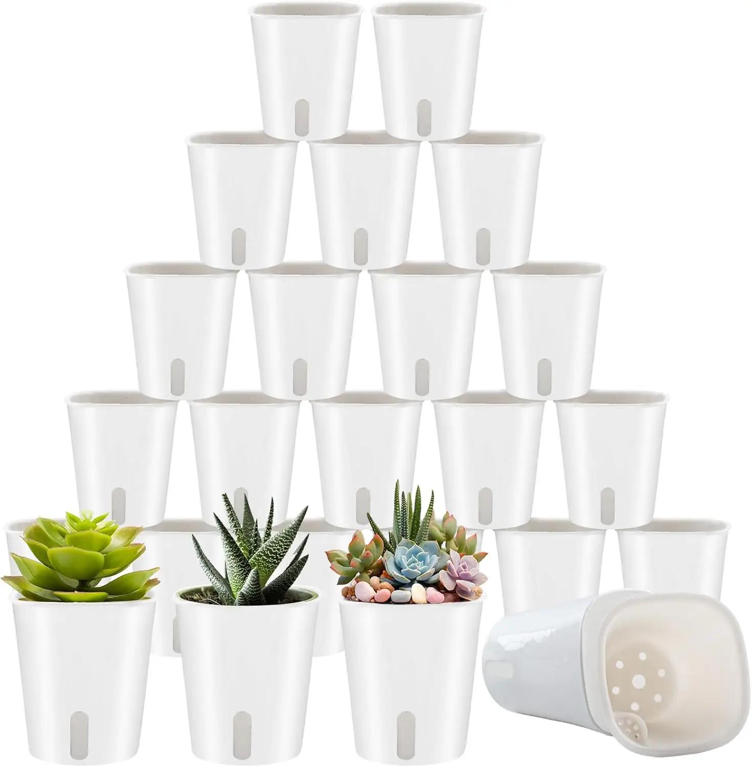 

24 самополивающиеся горшки для комнатных растений, 3-дюймовые белые пластиковые кашпо с индикатором уровня воды - PE