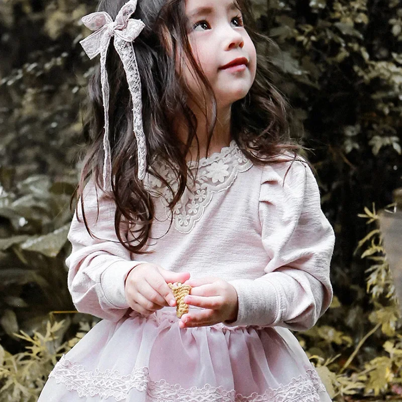 Kids Clothing for Girls Base Shirt 2023 New Korean Puff Sleeve Fashion Solid Color Lace Sweet Princess Cute Cotton Soft O-neck