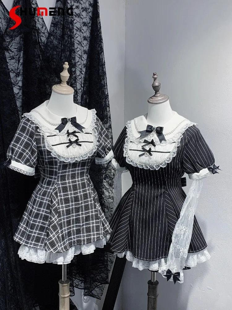 Japanese Mine Style Mass-Produced Lace Splicing Doll Collar High Waist Lace-up Plaid Dress High Waist Shorts Two-Piece Set Women