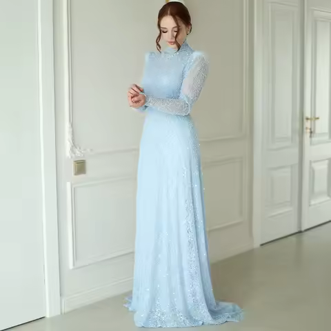 Customized High Neckline A-line Tulle Women's Evening Dress ILLUSION Full Sleeves Party Dress A-line Floor Length Prom Gown
