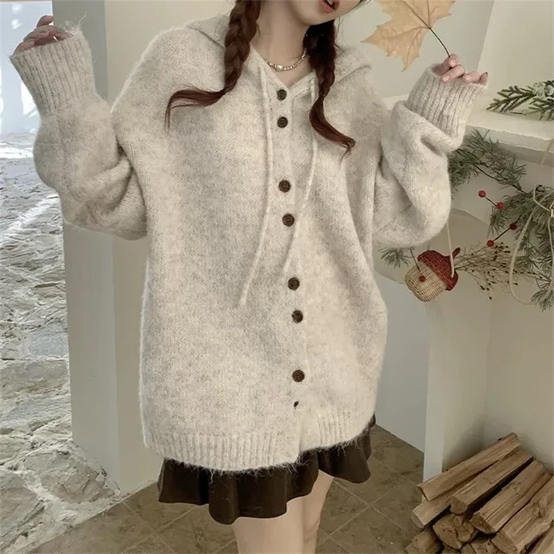 

2025 Autumn Winter New Women's Loose Oversized Hoodie Jacket Coat Korean Fashion Knit Sweater Hoodie Sweatshirt Y2k Streetwear