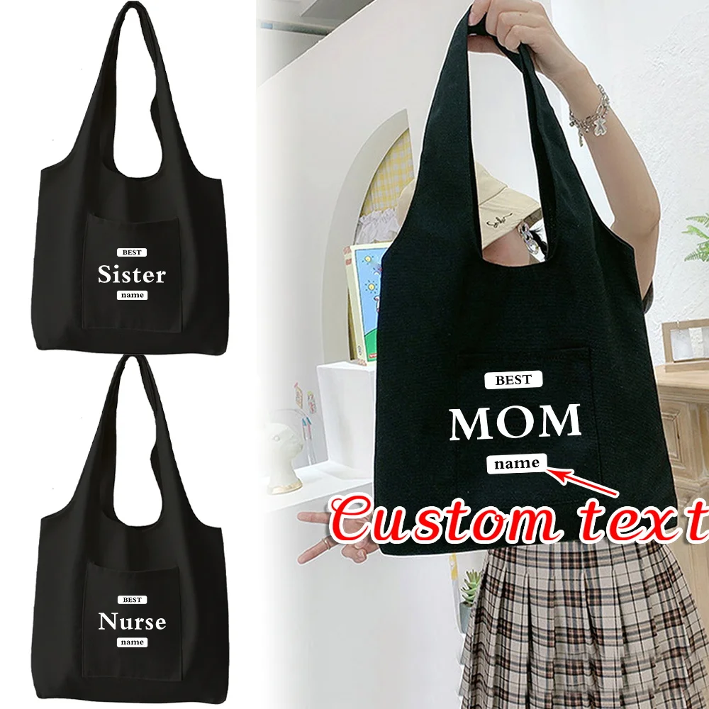 Customized Name Portable Shoulder Canvas Bag with Side Pockets Shopping Pouch Casual Storage Pack Commuter Bags Double Pocket