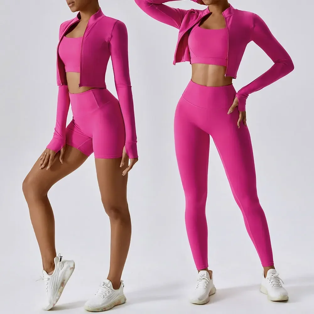 Conjunto de pantalones cortos de yoga de 3 piezas para mujer, pantalones de cintura alta, chaqueta con sujetador deportivo, traje de fitness, ropa