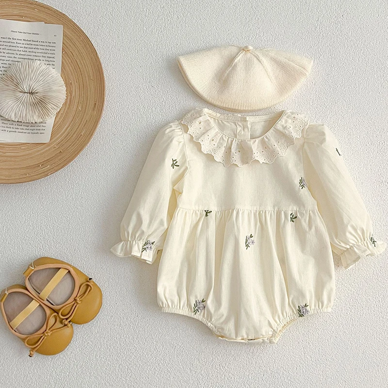 Autumn Baby Girl Clothes Spring Infant Bodysuit Lace Collar Puff Sleeve Princess One Piece Embroidered Flowers Clothing Outfits