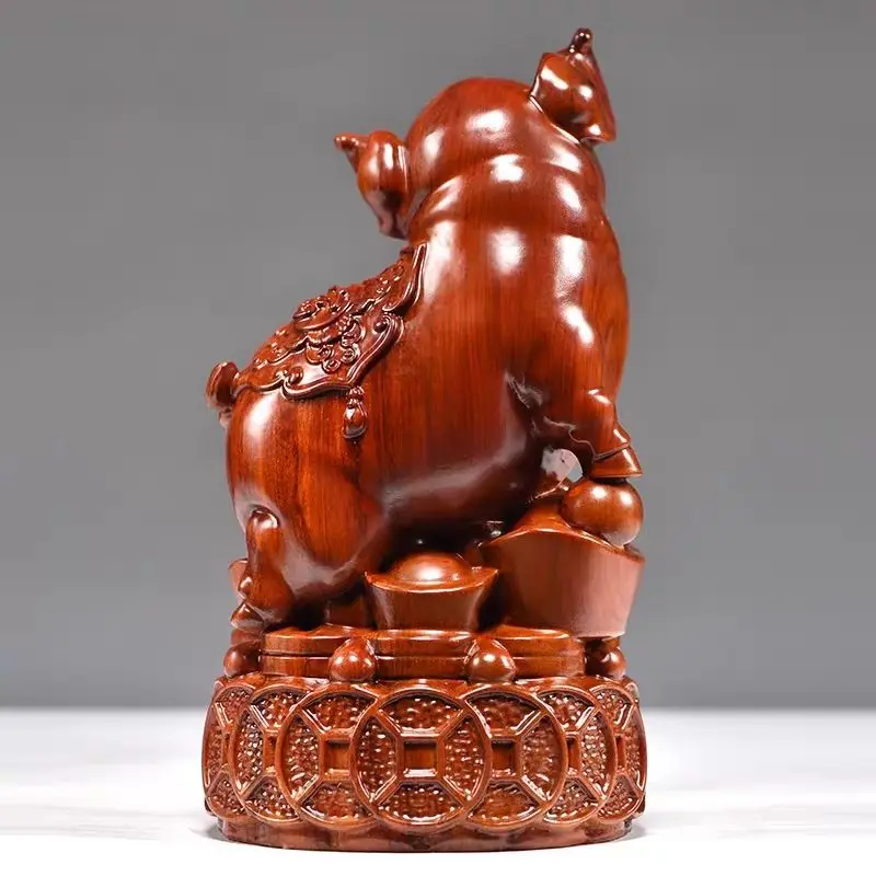 Rosewood Zodiac Pig “Money Pig” Gold Pig Good Fortune Solid Wood Ornament—Home Decor and Feng Shui Artwork