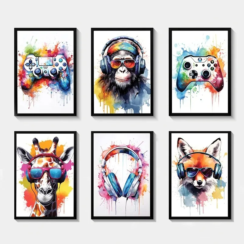 Earphone Animals Gaming Wall Posters and Prints Gamepad Illustrator Pictures for Game Room Art Canvas Paintings for Home Deco