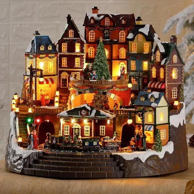 Large luminous LED music Christmas house with rotating train rotating decorations