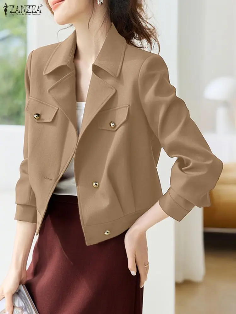 Kardigan damski ZANZEA na jesień 2025, elegancki płaszcz do biura, stylowa koszula z kołnierzykiem, długi rękaw, zapinana na guziki, cienka, jednolita.