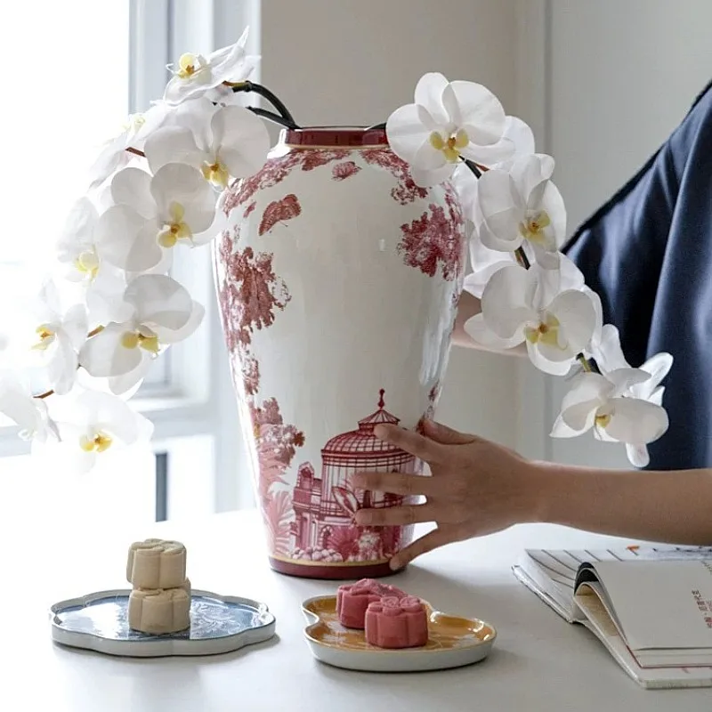 Vermilion Red Porcelain Vase Peony Pattern High-Fired Glazed Flower Vessel Home Desk Decor