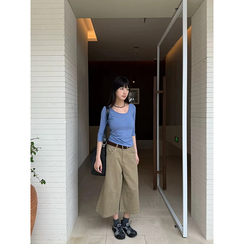 HIZOU Women's Khaki High-Waisted Loose Wide-Leg Denim Shorts Y2K Harajuku Style American Retro Jeans Seven-Foot Clothes Summer