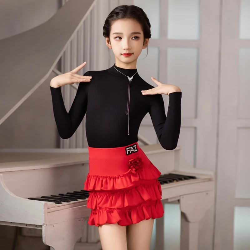 Nuovo vestito da competizione di ballo latino maniche lunghe gonna latina con torta superiore ragazze abiti da ballo per spettacoli di danza da sala abiti da palcoscenico