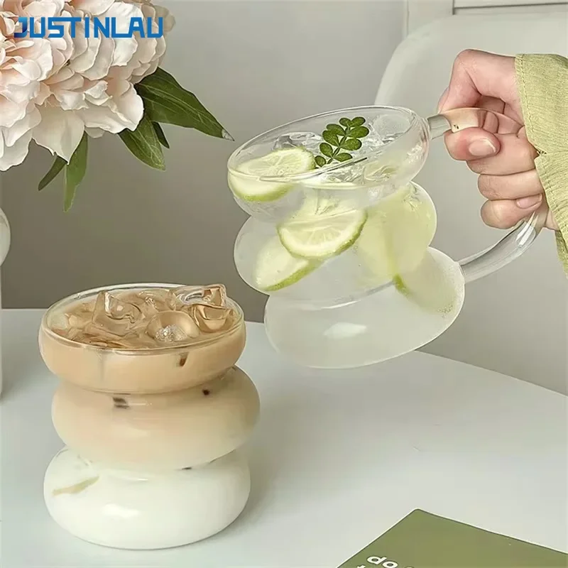 Image of JUSTINLAU Ins-Style Transparenter Glasbecher Unregelmäßiger Hitzebeständiger Kaffeebecher Sommer-Milch-Saft-Wasser-Becher Cocktail-Biergläser
