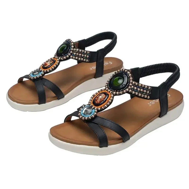 summer new woman sandals Bohemia beaded soft bottom leisure large size women shoes fashion flat sandals 39 40 41 42