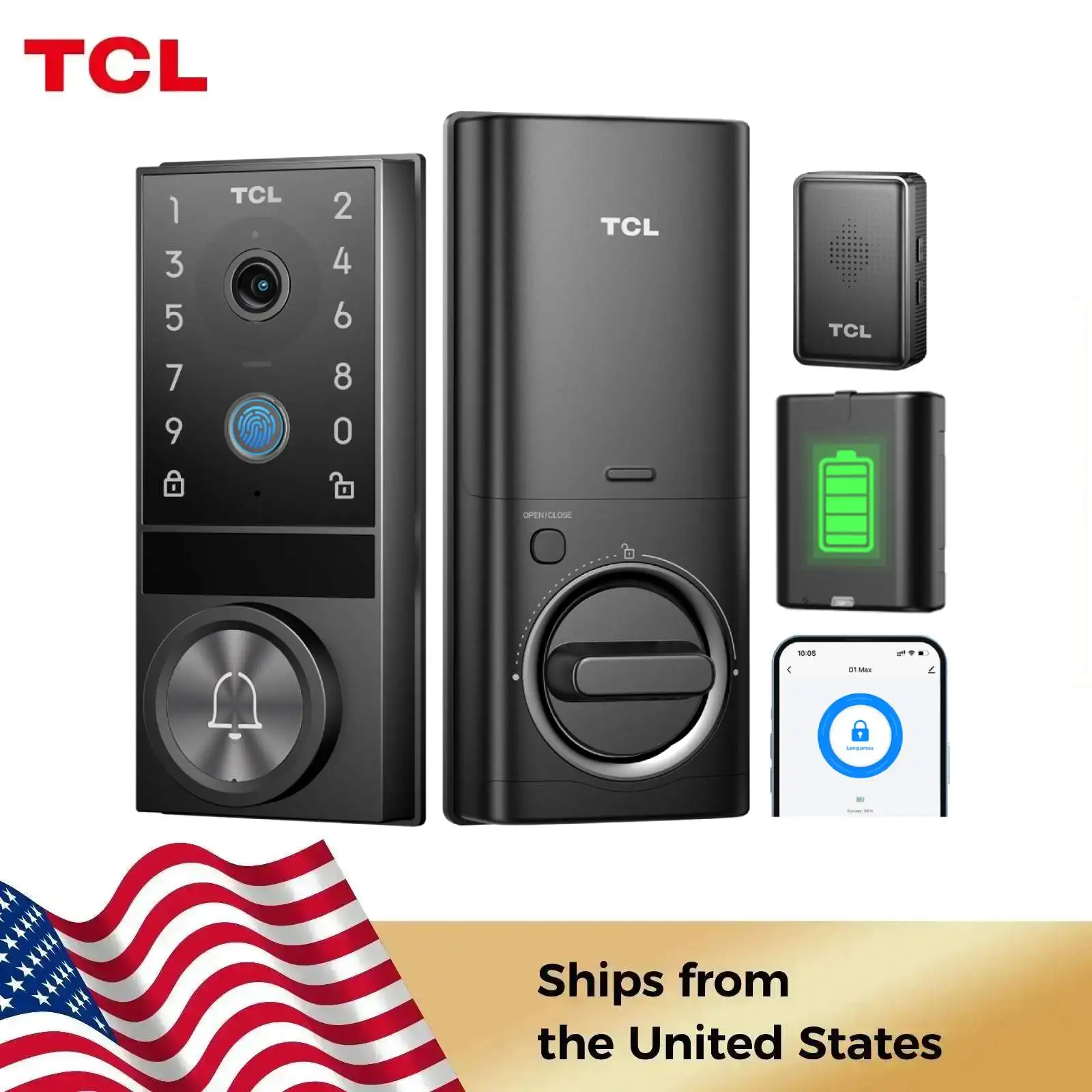 TCL D1 Max sécurité vidéo serrure intelligente 2K caméra sonnette et empreinte digitale entrée sans clé 3 en 1 WiFi serrure de porte détection de mouvement PIR