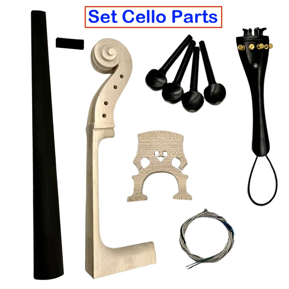 4/4 Cello Parts Set Neck Ebony Fingerboard Pegs Tailpiece Maple Wood Bridge String Tail Gut Fine tuners