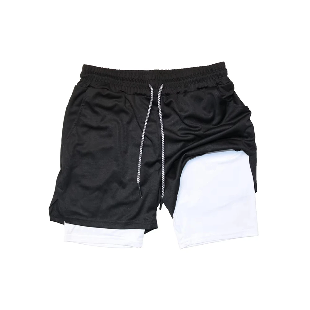 الرجال طبقة مزدوجة سراويل اللياقة البدنية الرجال اللياقة البدنية الصالة الرياضية التدريب 2 في 1 السراويل الرياضية سريعة الجافة تجريب الركض سطح مزدوج الصيف