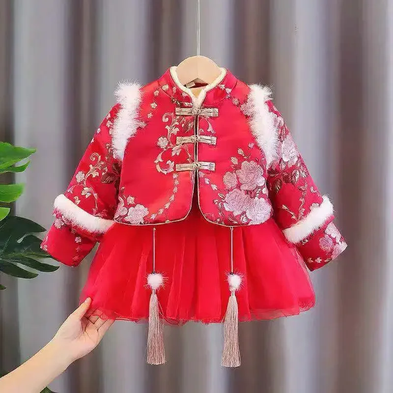 Red Thickened Velvet Top Girls Tang Suit Winter Warm Princess Woolen Dress Chinese Traditional Kids Red New Year Clothing Set