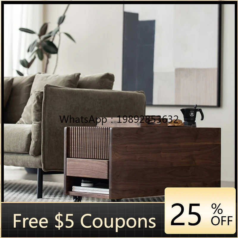 

GZ Solid Wood Sofa Side Table Black Walnut Cabinet Tea with Wheels Corner