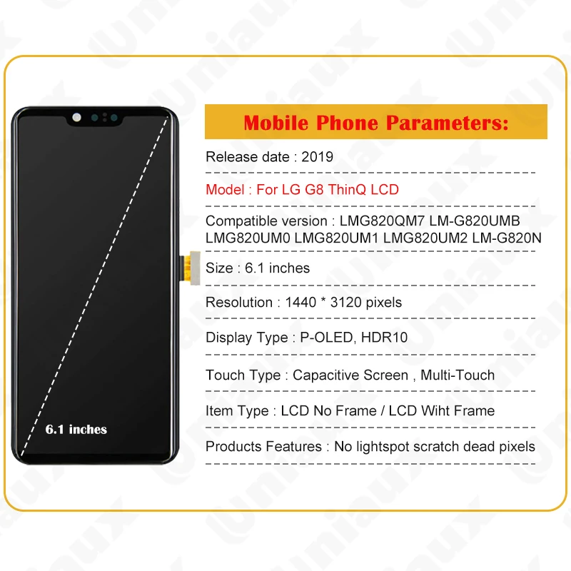 6.1”  AMOLED For LG G8 ThinQ G820 LCD Display With Frame Touch Screen Digitizer Assembly For LG G8 LCD Screen Display