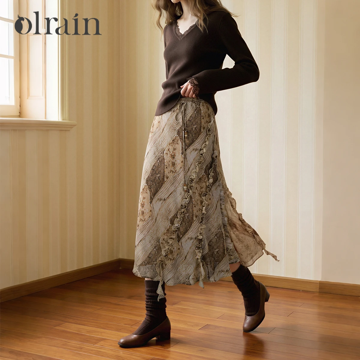 OLrain Irregular Skirt Women's Clothing 2026 Autumn And Winter New French Custom Belt Smudge Printing Straight Skirt O58QB009888