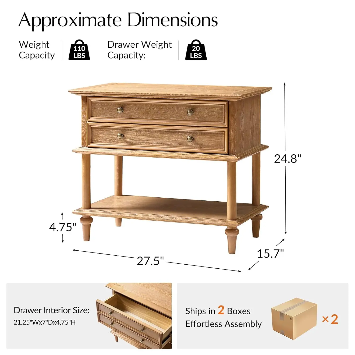 Farmhouse End Table with Charging Station & USB Ports, Set of 2, Oak Wood Finish, Customized